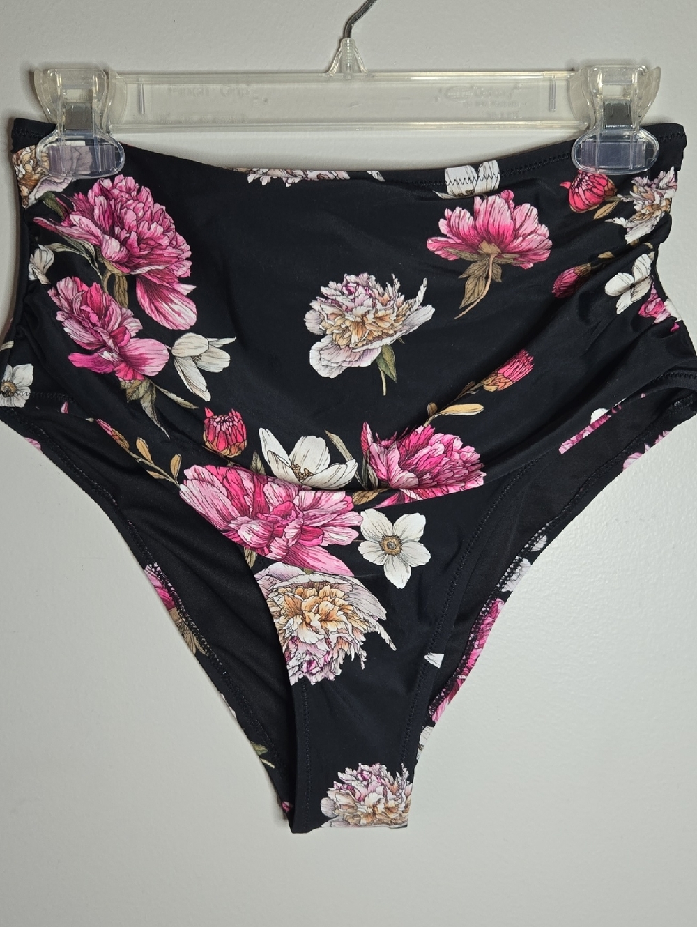 CUPSHE Women's Large High Waisted Ruched Black & Pink Floral Swim Bottom NEW